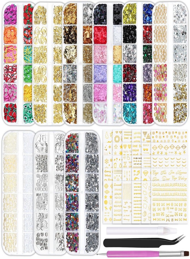 Umillars 9 Boxes Nail Art Rhinestones Kit with 30 Sheets Nail Art Stickers, Gold Nail Studs Nail Sequins Flatback Pearls Rhinestones for Crafts, Small Fruit Nail Charms Tiny Gems for Nails DIY Decorations - Image 1